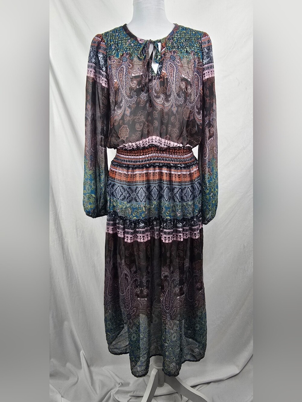 Figueroa & Flower Sheer Whimsigoth Paisley Floral Smocked Waist Maxi Dress sz L